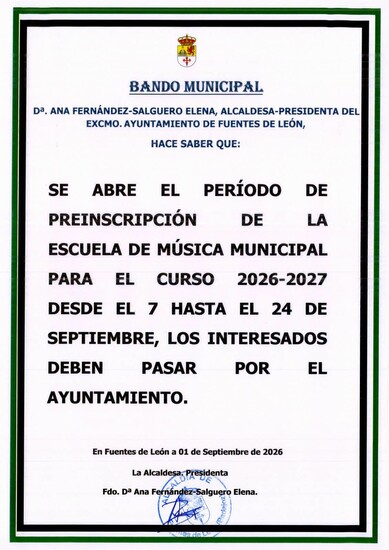 PREINSCRIPCIONES ESCUELA MUNICIPAL DE MÚSICA DE FUENTES DE LEÓN