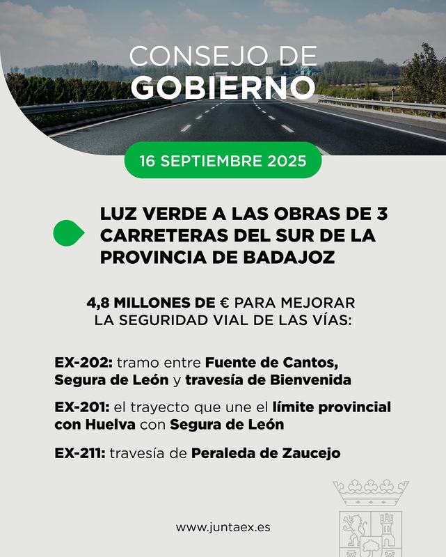 Luz verde a las obras de mejora de la seguridad viaria en 3 carreteras autonómicas del sur de Badajoz