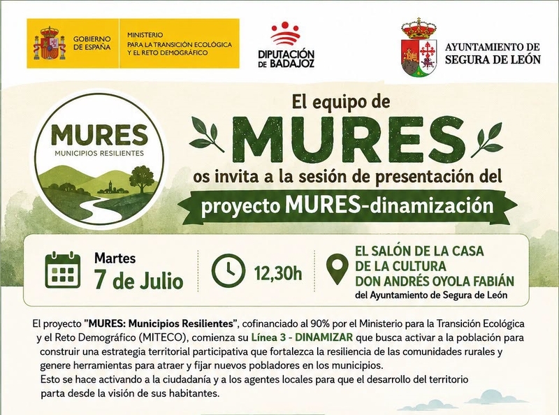 Segura de León acoge el próximo martes la presentación del proyecto MURES-Dinamización para impulsar la participación ciudadana