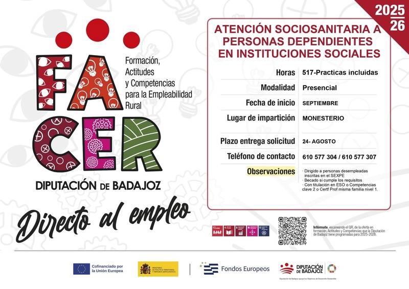 Monesterio acogerá un nuevo certificado de profesionalidad gratuito de Atención Sociosanitaria
