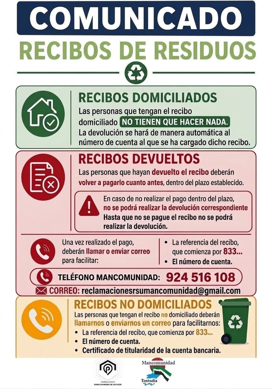 La Mancomunidad de Tentudía informa sobre la devolución de la diferencia en los recibos de la tasa de basura